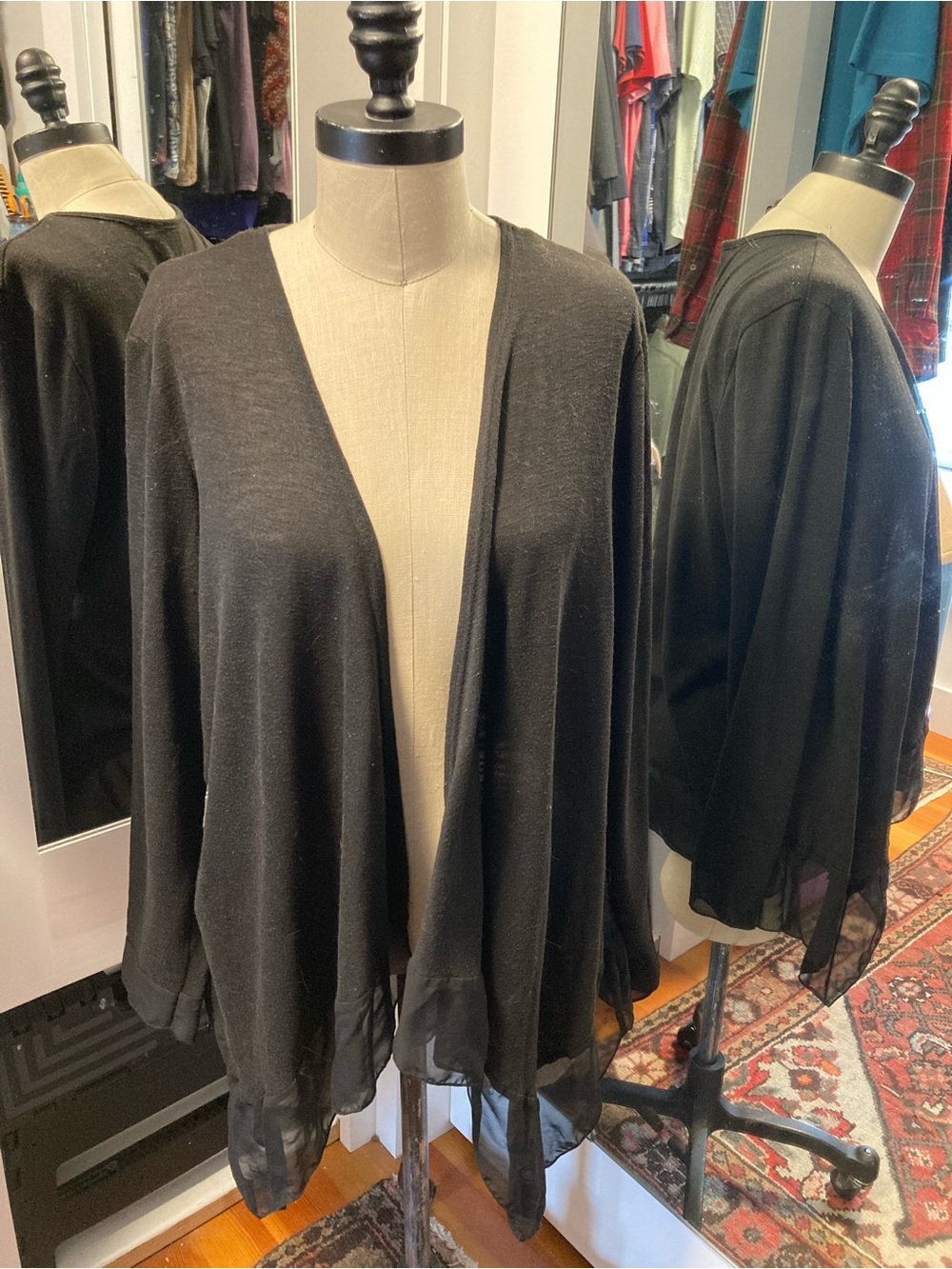 new directions Black Open-Front Sheer Hem Cardigan, Size Large